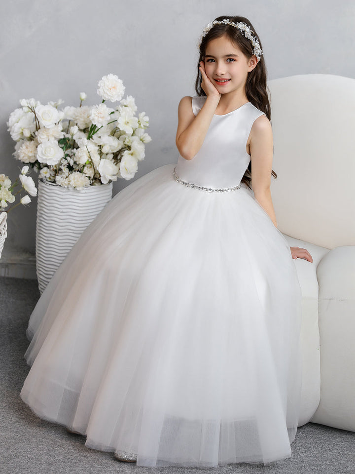 Crew Neck Tulle Flower Girl Dresses with Bowknot &amp; Beading Waist