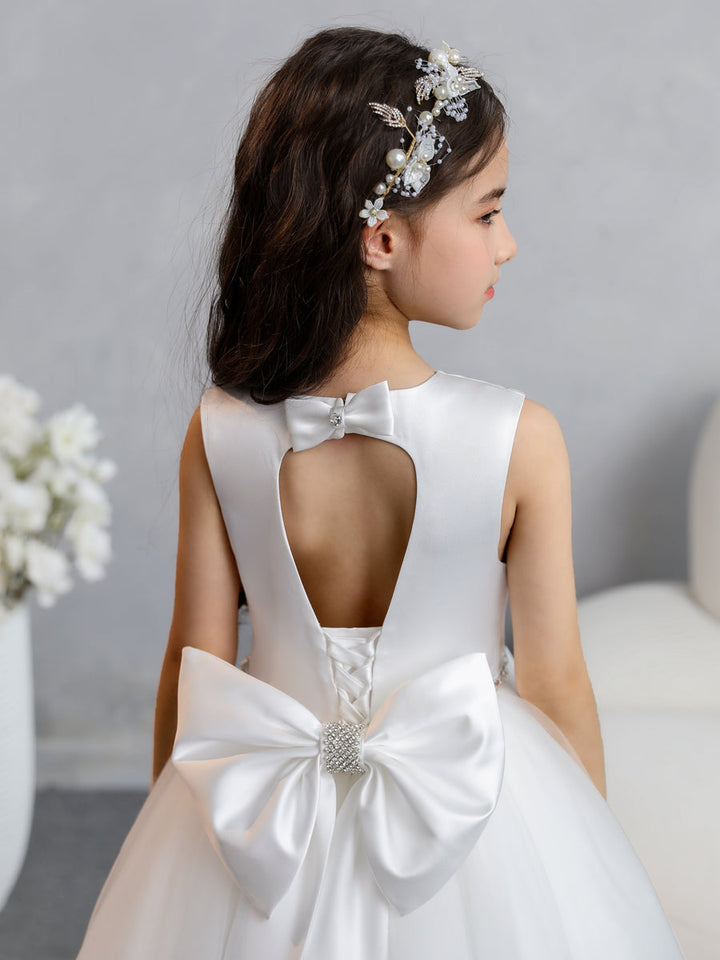 Crew Neck Tulle Flower Girl Dresses with Bowknot &amp; Beading Waist