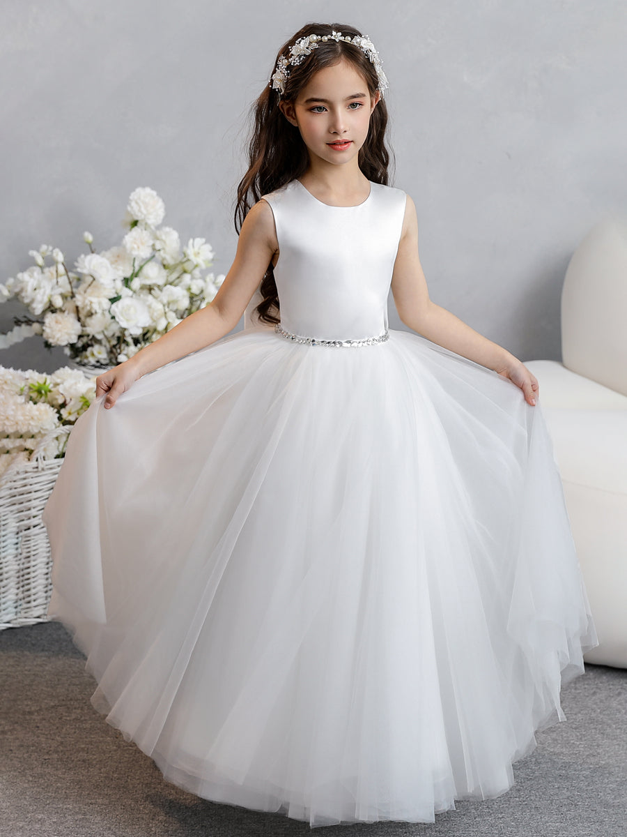 Crew Neck Tulle Flower Girl Dresses with Bowknot & Beading Waist