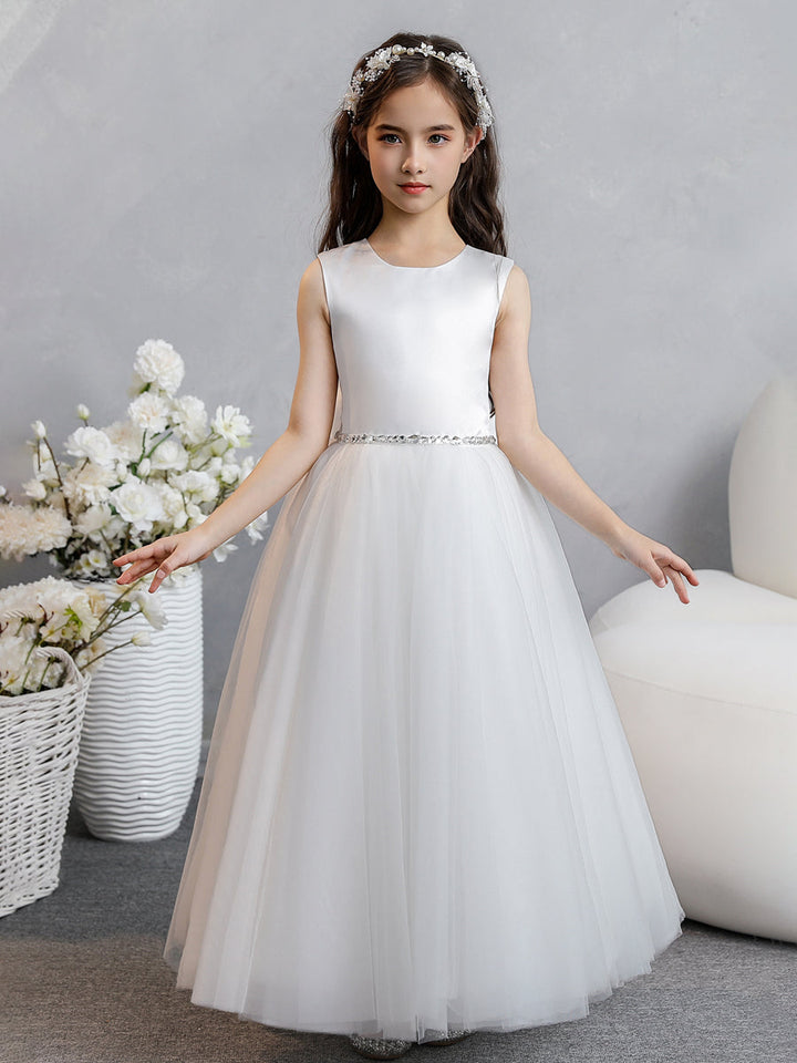 Crew Neck Tulle Flower Girl Dresses with Bowknot &amp; Beading Waist