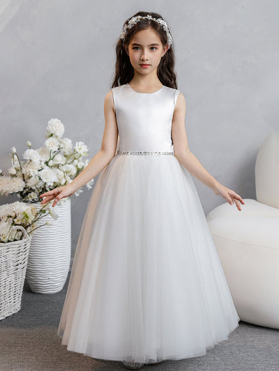 Crew Neck Tulle Flower Girl Dresses with Bowknot & Beading Waist