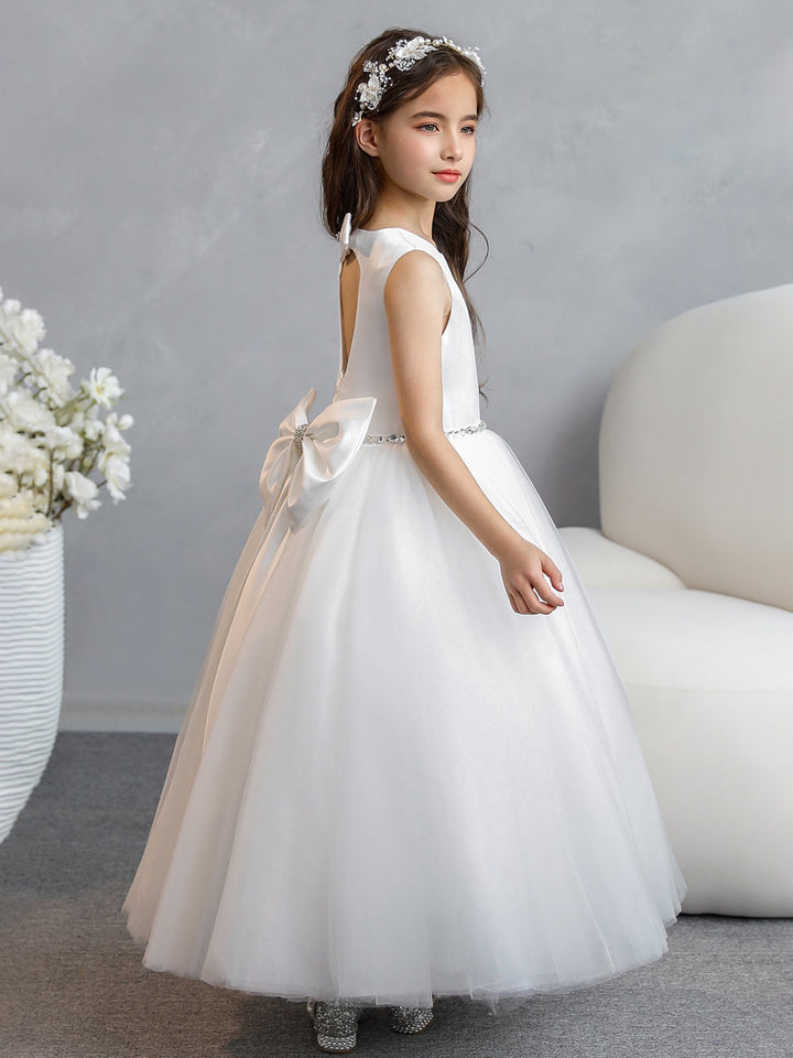 Crew Neck Tulle Flower Girl Dresses with Bowknot &amp; Beading Waist