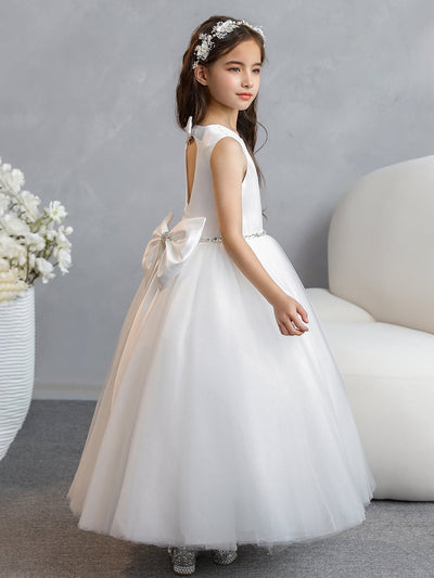 Crew Neck Tulle Flower Girl Dresses with Bowknot & Beading Waist