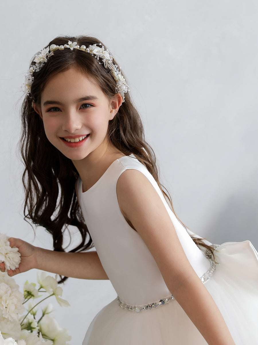 Crew Neck Tulle Flower Girl Dresses with Bowknot &amp; Beading Waist