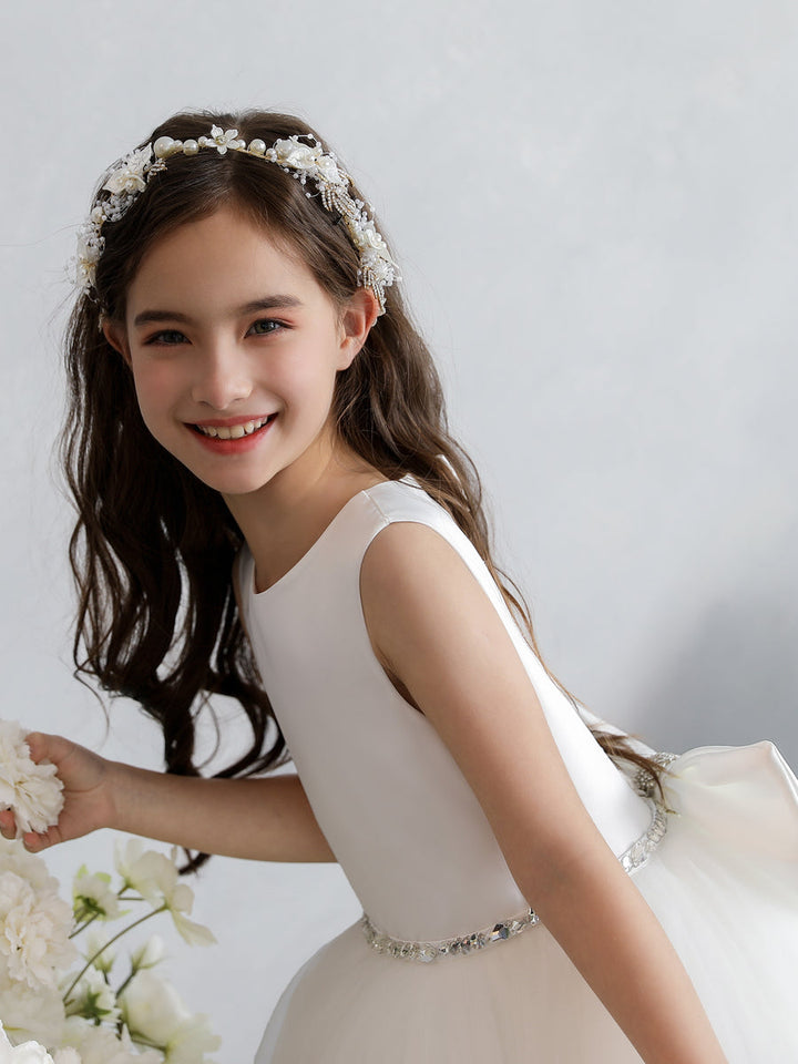 Crew Neck Tulle Flower Girl Dresses with Bowknot &amp; Beading Waist