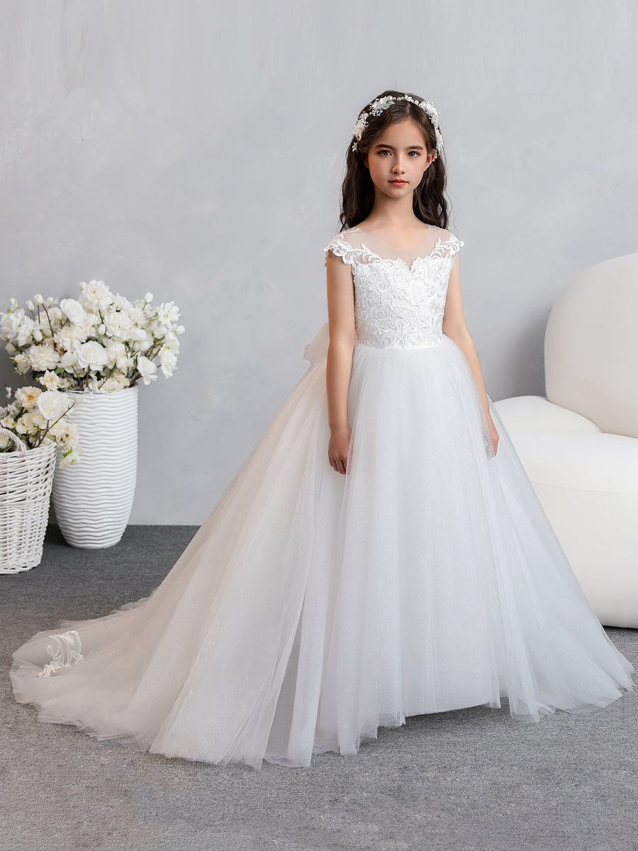 Crew Neck Tulle Flower Girl Dresses with Applique &amp; Bowknot