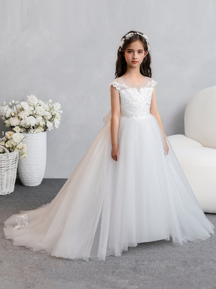 Crew Neck Tulle Flower Girl Dresses with Applique &amp; Bowknot