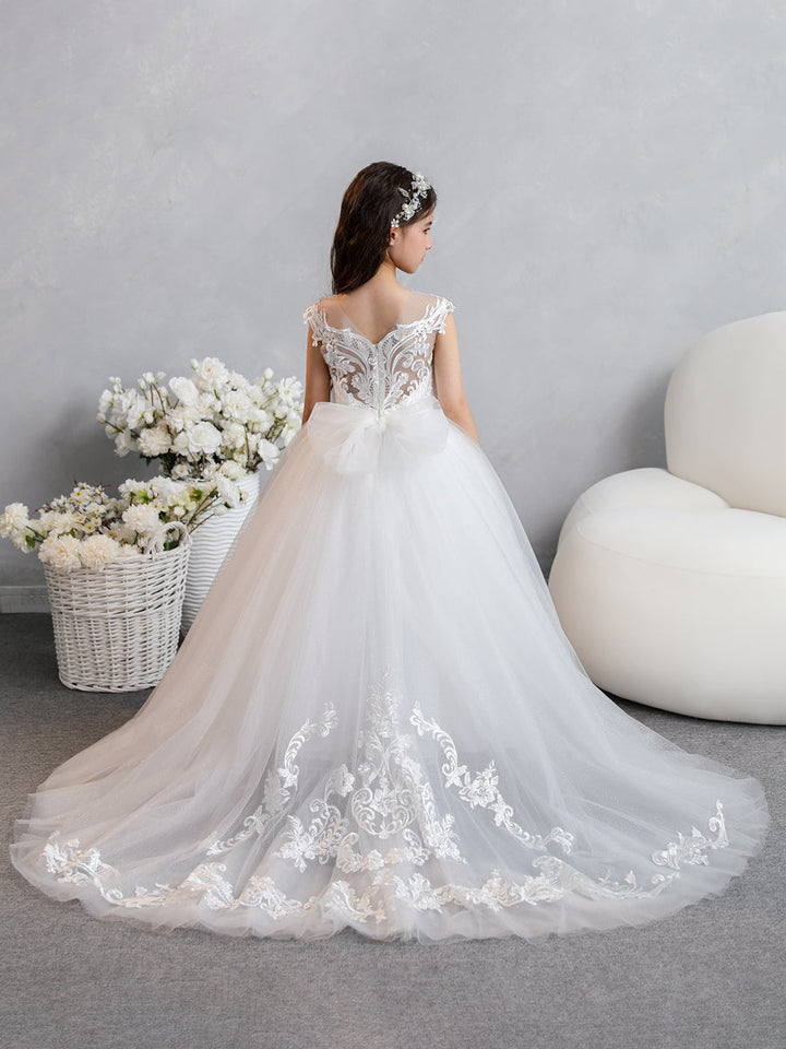 Crew Neck Tulle Flower Girl Dresses with Applique &amp; Bowknot