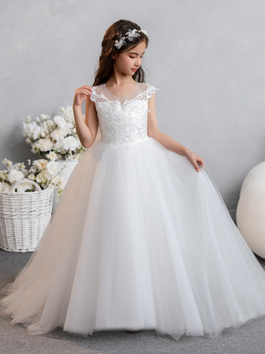 Crew Neck Tulle Flower Girl Dresses with Applique &amp; Bowknot