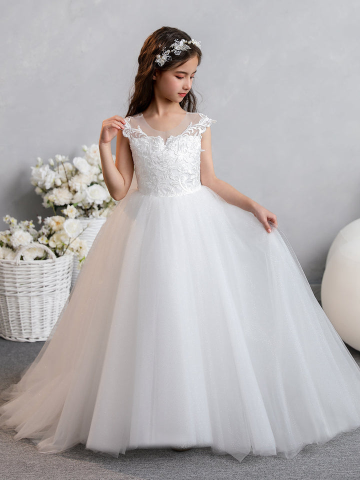 Crew Neck Tulle Flower Girl Dresses with Applique &amp; Bowknot