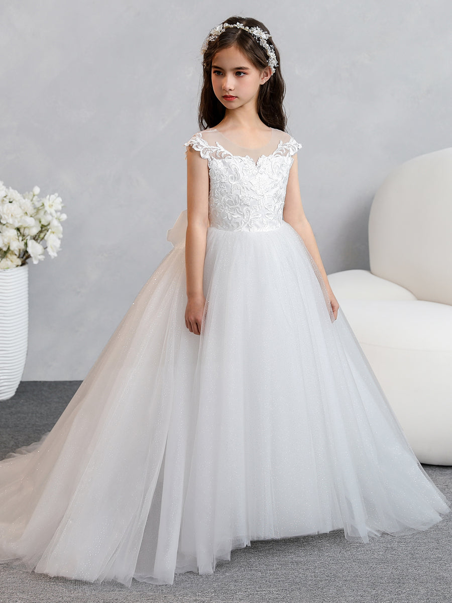 Crew Neck Tulle Flower Girl Dresses with Applique &amp; Bowknot