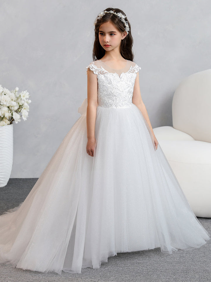 Crew Neck Tulle Flower Girl Dresses with Applique &amp; Bowknot