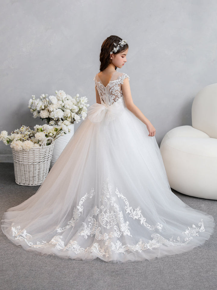 Crew Neck Tulle Flower Girl Dresses with Applique &amp; Bowknot