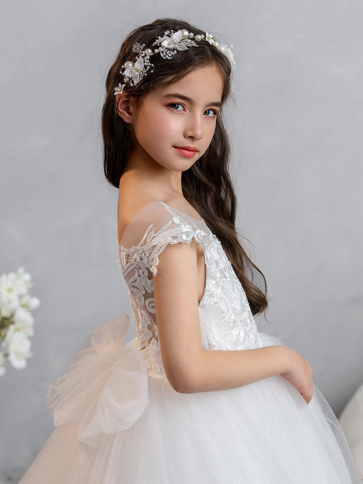 Crew Neck Tulle Flower Girl Dresses with Applique &amp; Bowknot