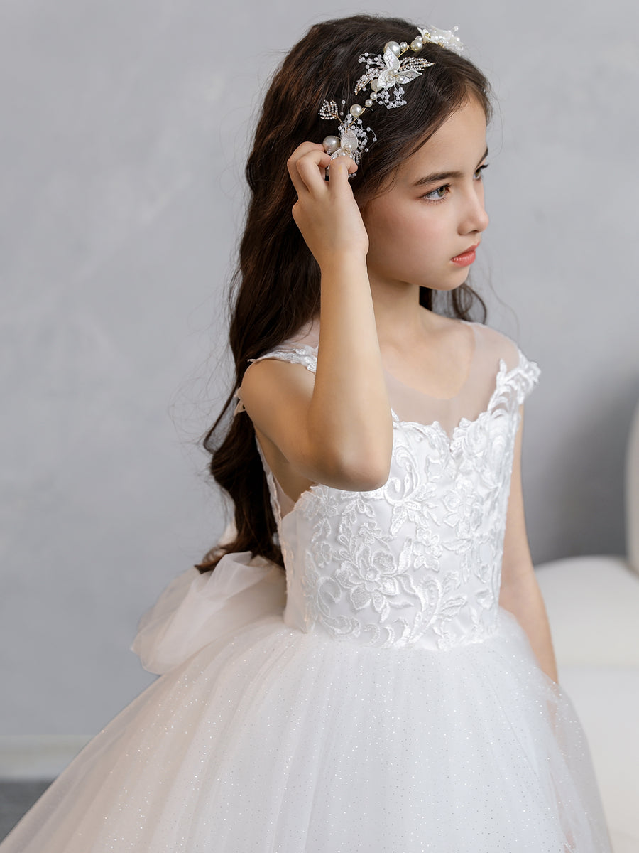 Crew Neck Tulle Flower Girl Dresses with Applique &amp; Bowknot