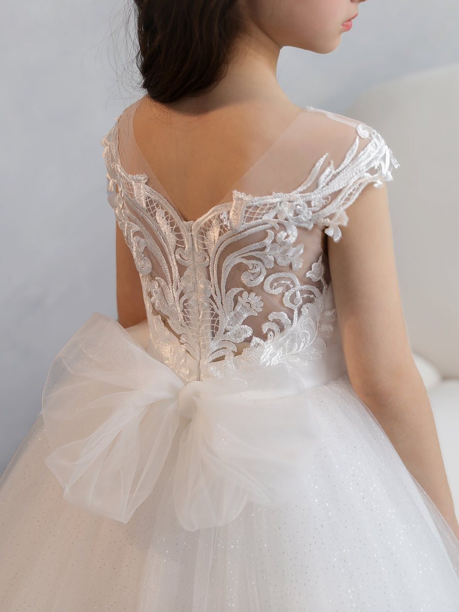 Crew Neck Tulle Flower Girl Dresses with Applique &amp; Bowknot