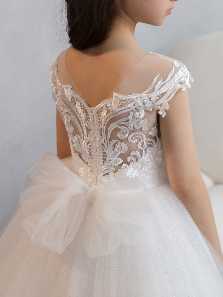 Crew Neck Tulle Flower Girl Dresses with Applique &amp; Bowknot