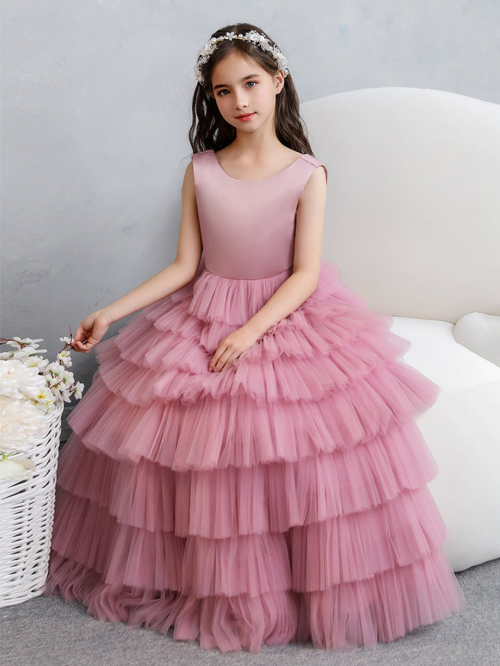 Crew Neck Satin Tulle Flower Girl Dresses with Tiered Pleats &amp; Bowknot