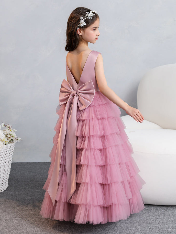 Crew Neck Satin Tulle Flower Girl Dresses with Tiered Pleats &amp; Bowknot