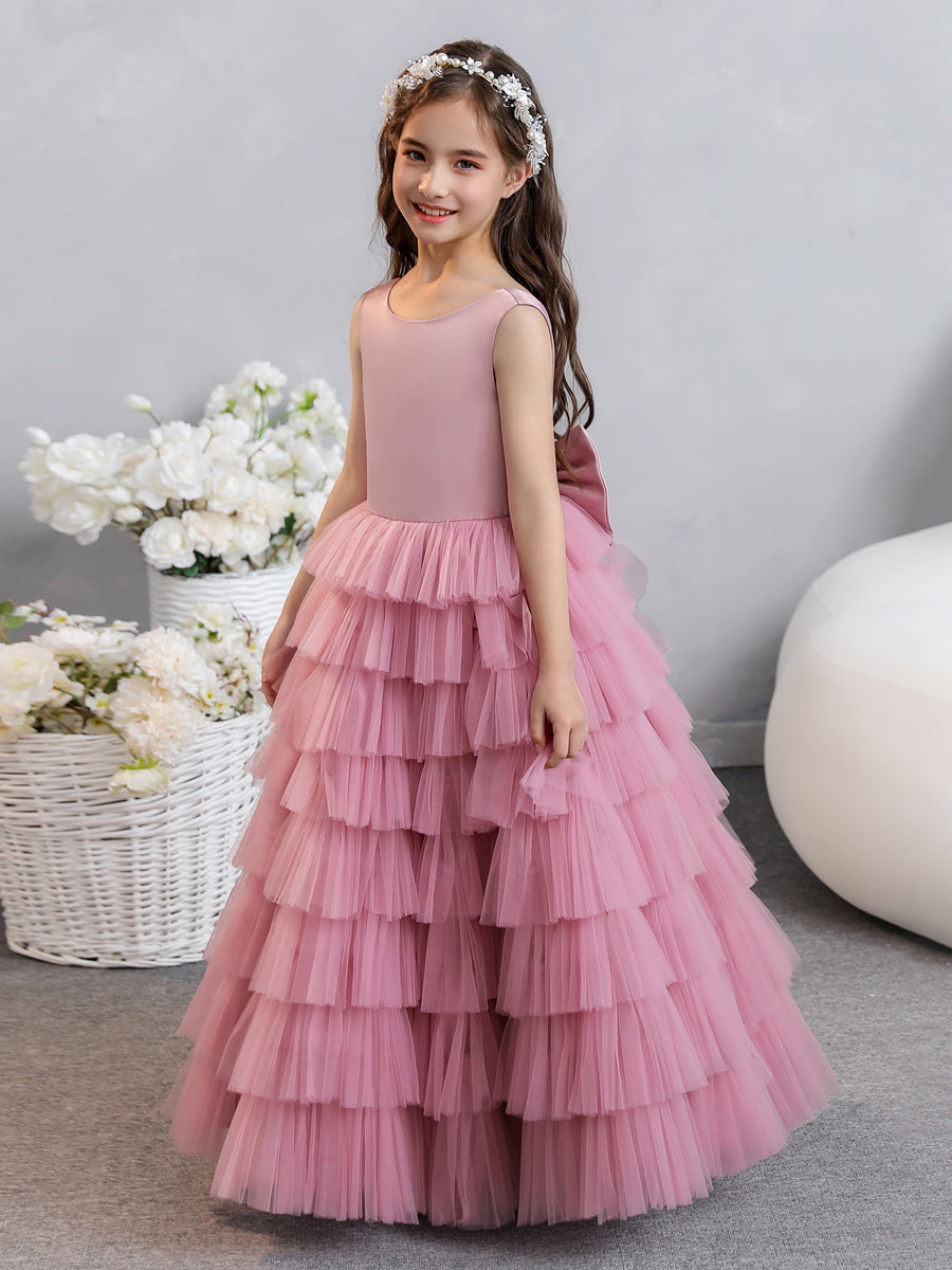 Crew Neck Satin Tulle Flower Girl Dresses with Tiered Pleats &amp; Bowknot