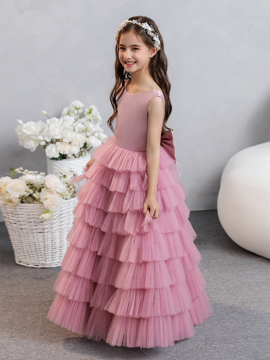 Crew Neck Satin Tulle Flower Girl Dresses with Tiered Pleats &amp; Bowknot