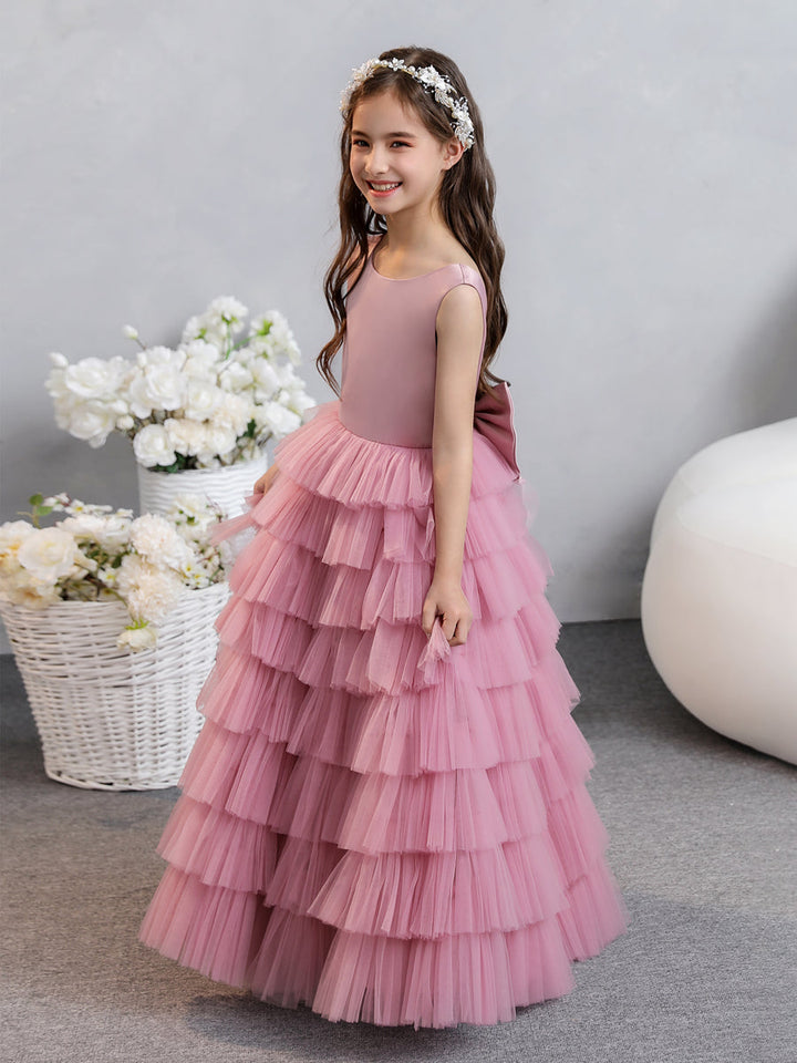 Crew Neck Satin Tulle Flower Girl Dresses with Tiered Pleats &amp; Bowknot