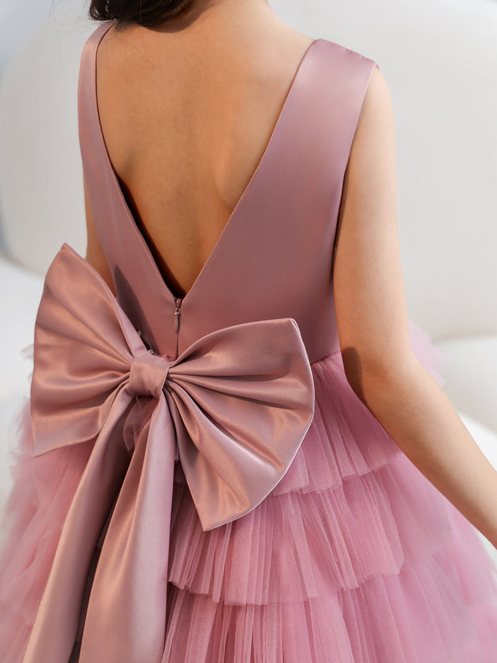 Crew Neck Satin Tulle Flower Girl Dresses with Tiered Pleats &amp; Bowknot