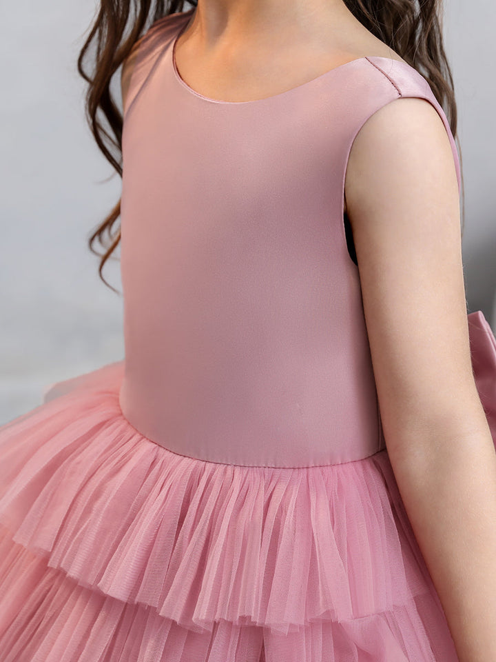 Crew Neck Satin Tulle Flower Girl Dresses with Tiered Pleats &amp; Bowknot