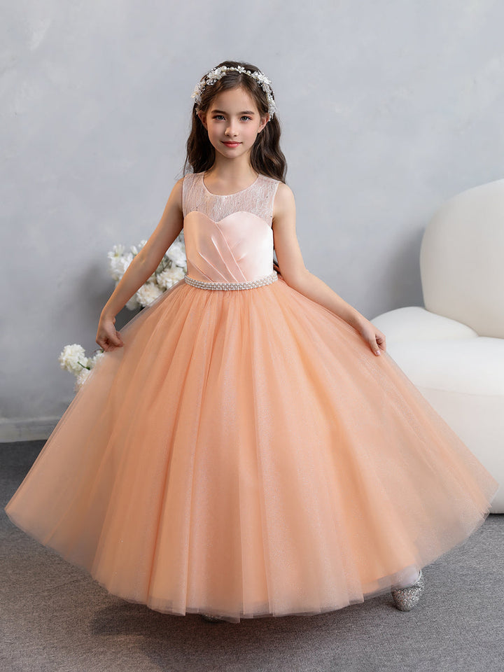 Crew Neck Lace Tulle Flower Girl Dresses with Pearls &amp; Bowknot