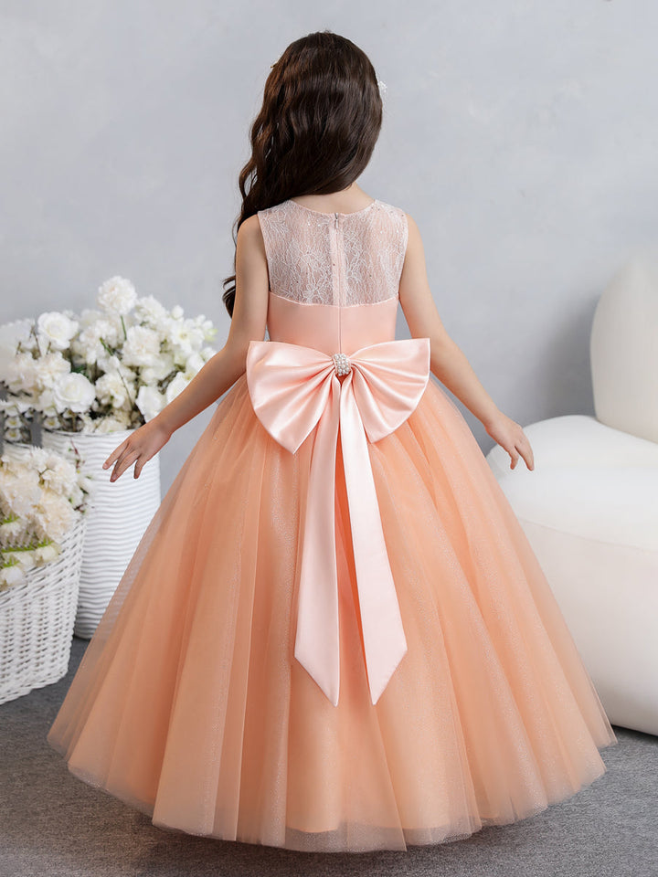 Crew Neck Lace Tulle Flower Girl Dresses with Pearls &amp; Bowknot