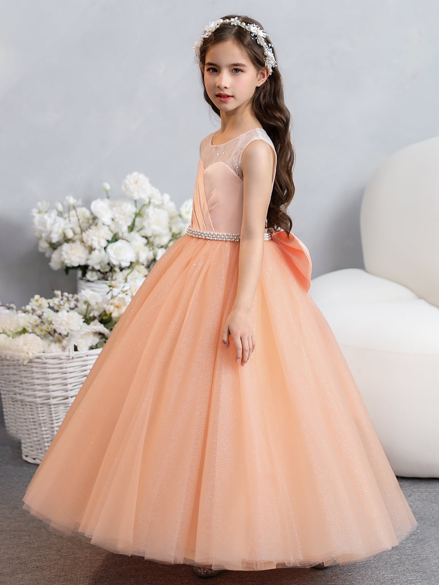 Crew Neck Lace Tulle Flower Girl Dresses with Pearls & Bowknot