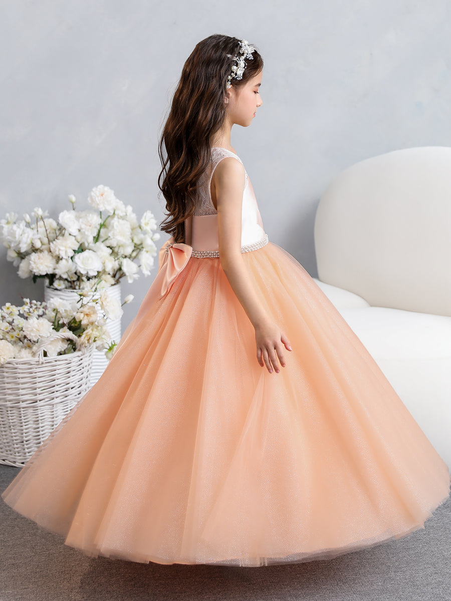 Crew Neck Lace Tulle Flower Girl Dresses with Pearls &amp; Bowknot
