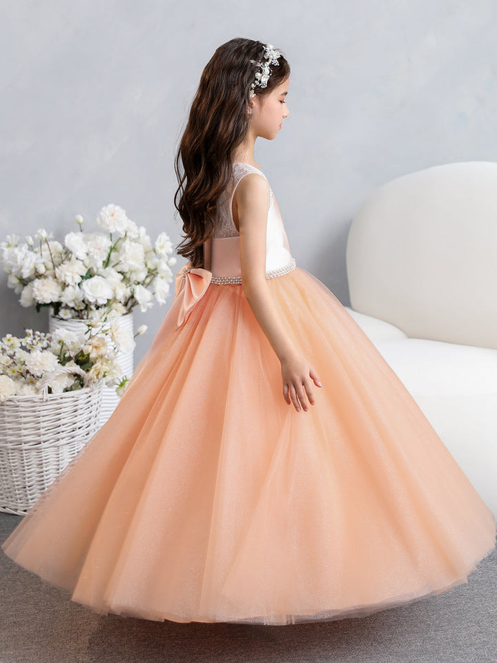 Crew Neck Lace Tulle Flower Girl Dresses with Pearls &amp; Bowknot