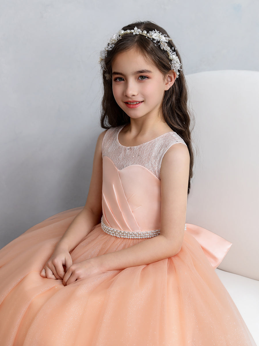 Crew Neck Lace Tulle Flower Girl Dresses with Pearls &amp; Bowknot