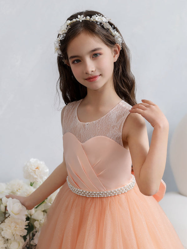 Crew Neck Lace Tulle Flower Girl Dresses with Pearls & Bowknot