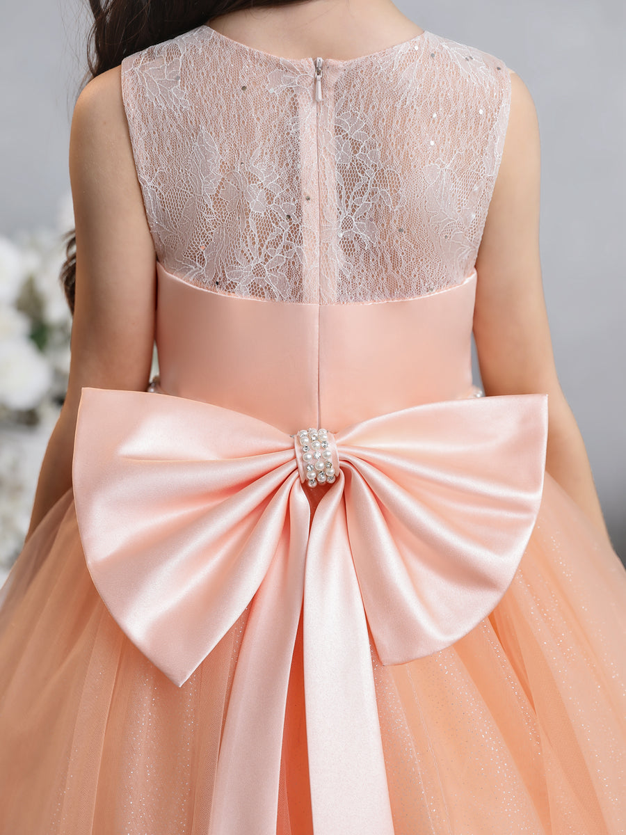 Crew Neck Lace Tulle Flower Girl Dresses with Pearls &amp; Bowknot