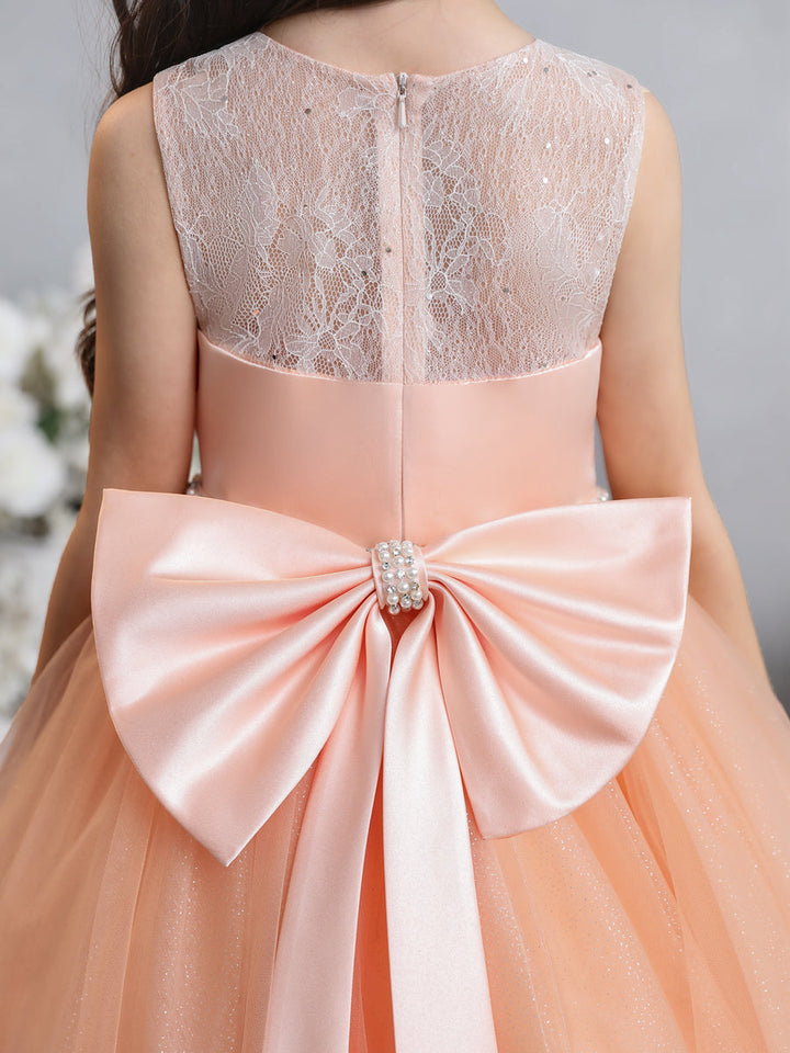Crew Neck Lace Tulle Flower Girl Dresses with Pearls &amp; Bowknot