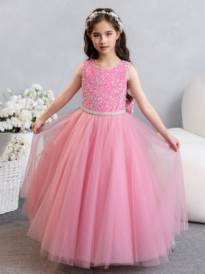Tulle Ball Gown/Princess Sequins Flower Girl Dresses With Pearls & Bowknot
