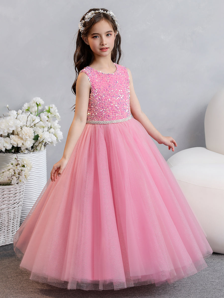 Tulle Ball Gown/Princess Sequins Flower Girl Dresses With Pearls &amp; Bowknot