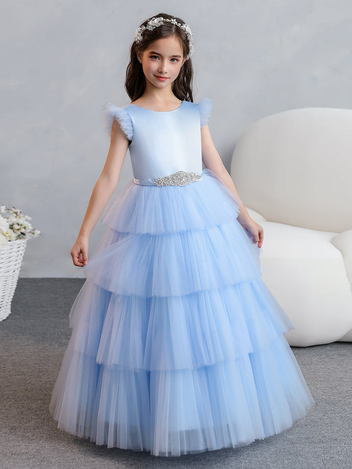 Tulle Ball Gown/Princess Flower Girl Dresses With Tiered Pleats &amp; Rhinestones