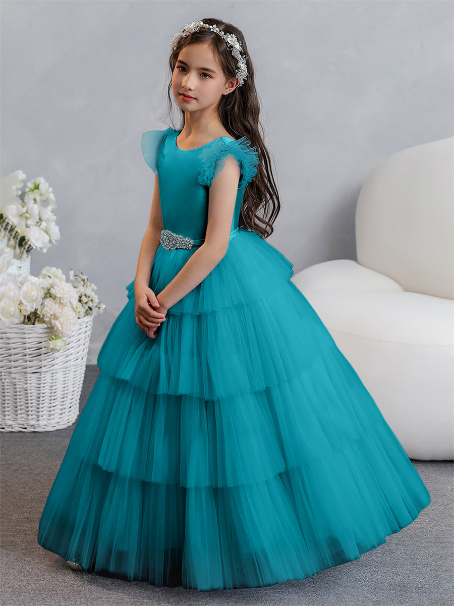 Tulle Ball Gown/Princess Flower Girl Dresses With Tiered Pleats &amp; Rhinestones