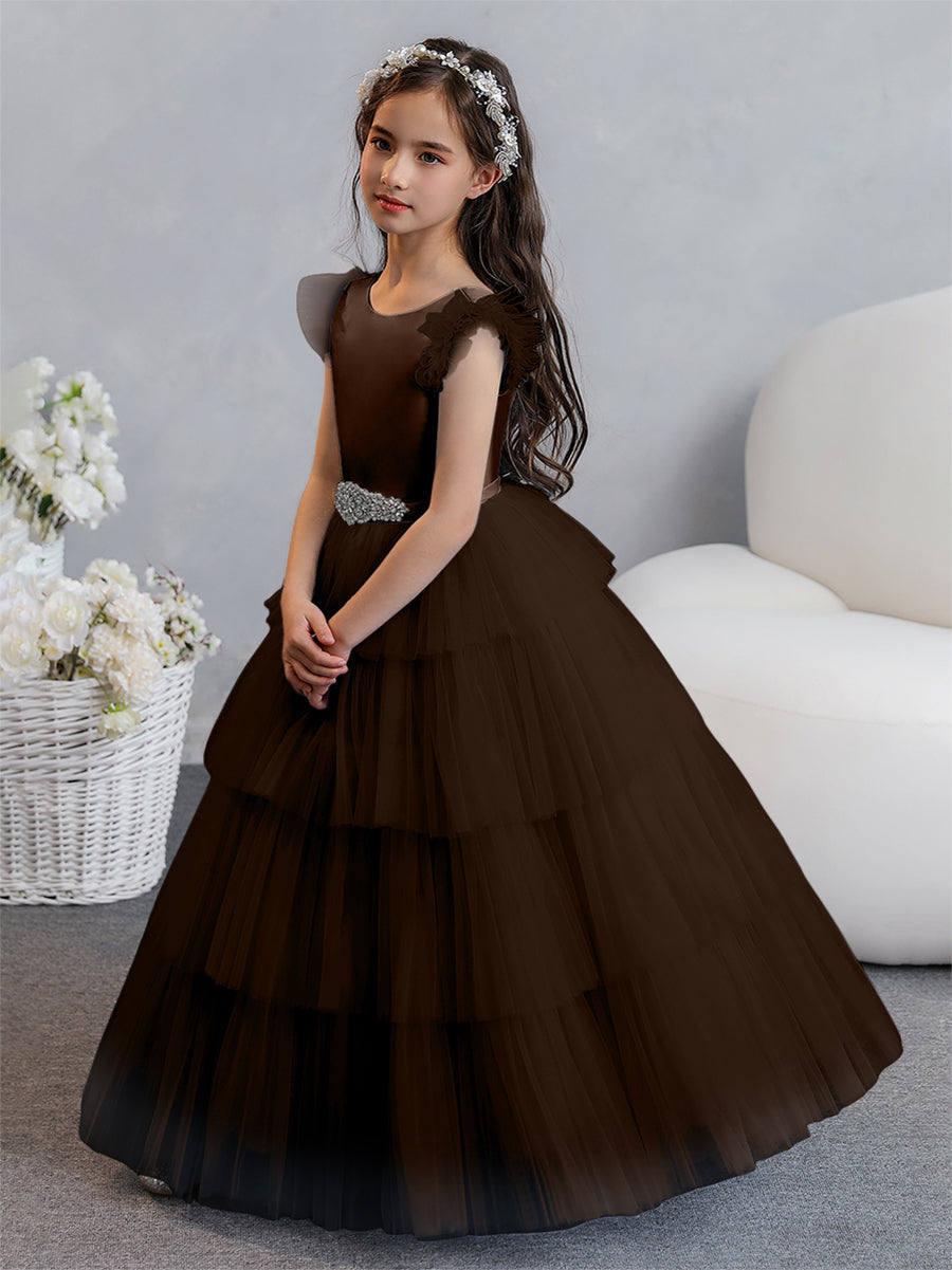 Tulle Ball Gown/Princess Flower Girl Dresses With Tiered Pleats &amp; Rhinestones
