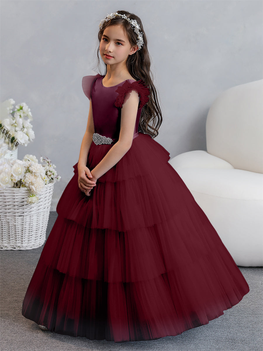 Tulle Ball Gown/Princess Flower Girl Dresses With Tiered Pleats &amp; Rhinestones