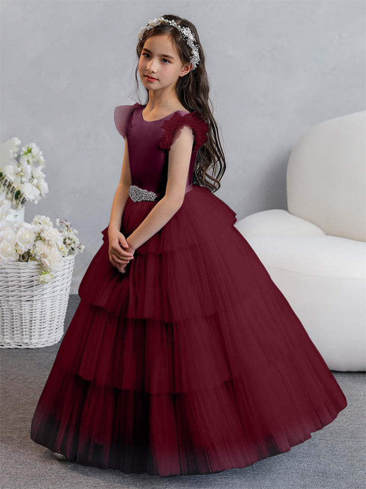 Tulle Ball Gown/Princess Flower Girl Dresses With Tiered Pleats &amp; Rhinestones