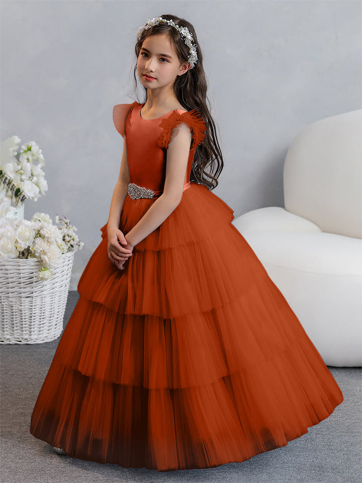 Tulle Ball Gown/Princess Flower Girl Dresses With Tiered Pleats &amp; Rhinestones