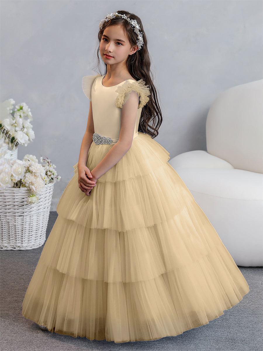 Tulle Ball Gown/Princess Flower Girl Dresses With Tiered Pleats &amp; Rhinestones