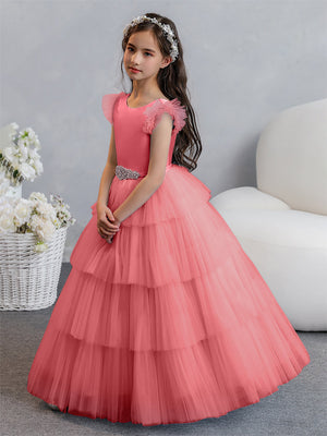 Tulle Ball Gown/Princess Flower Girl Dresses With Tiered Pleats & Rhinestones