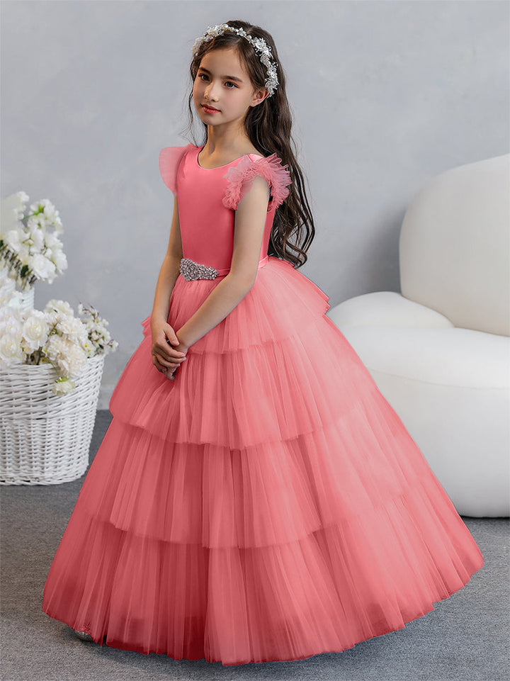Tulle Ball Gown/Princess Flower Girl Dresses With Tiered Pleats &amp; Rhinestones