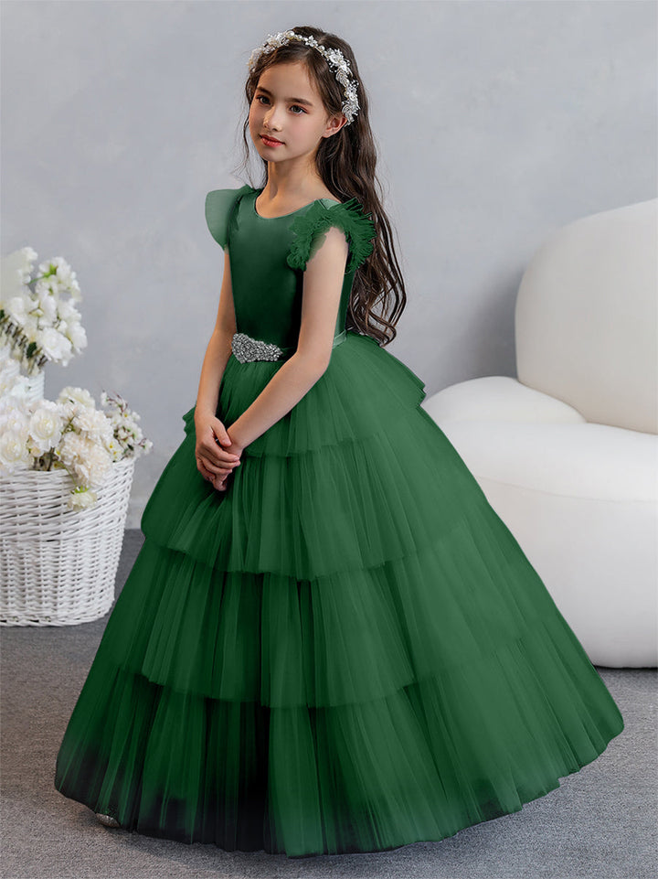 Tulle Ball Gown/Princess Flower Girl Dresses With Tiered Pleats &amp; Rhinestones