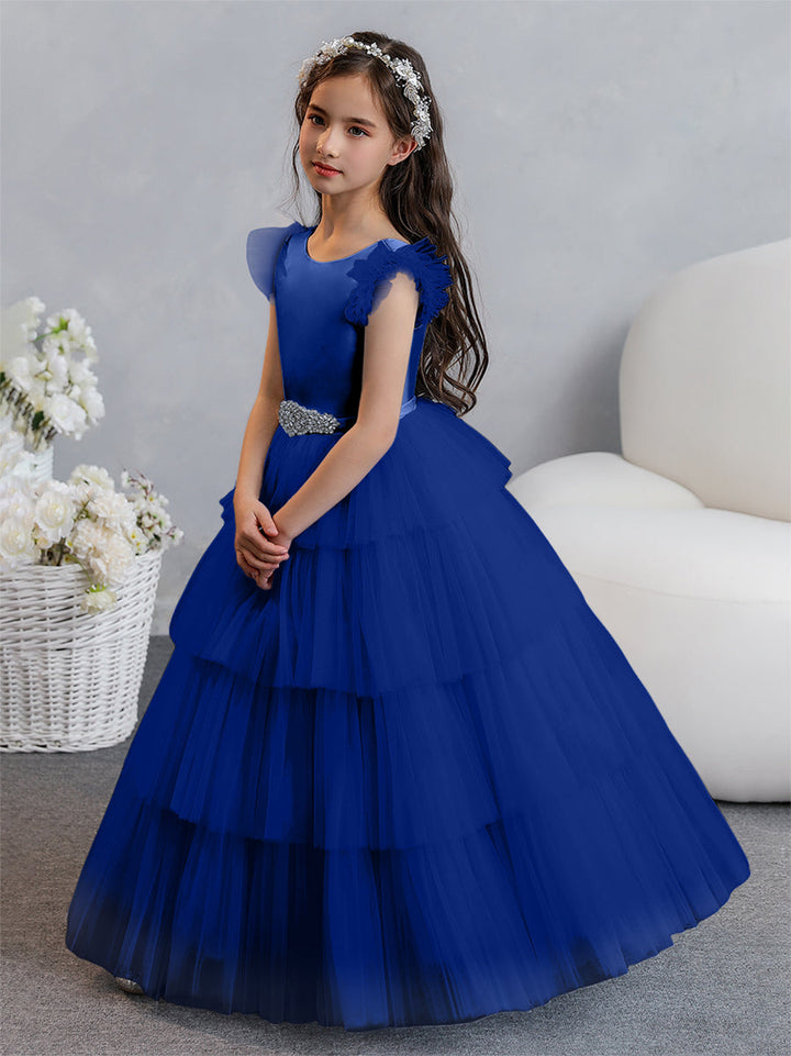 Tulle Ball Gown/Princess Flower Girl Dresses With Tiered Pleats &amp; Rhinestones